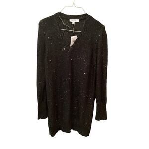 Calvin Klein Tunic Blouse Sweater Women's Large Black Polyester Knit Beaded